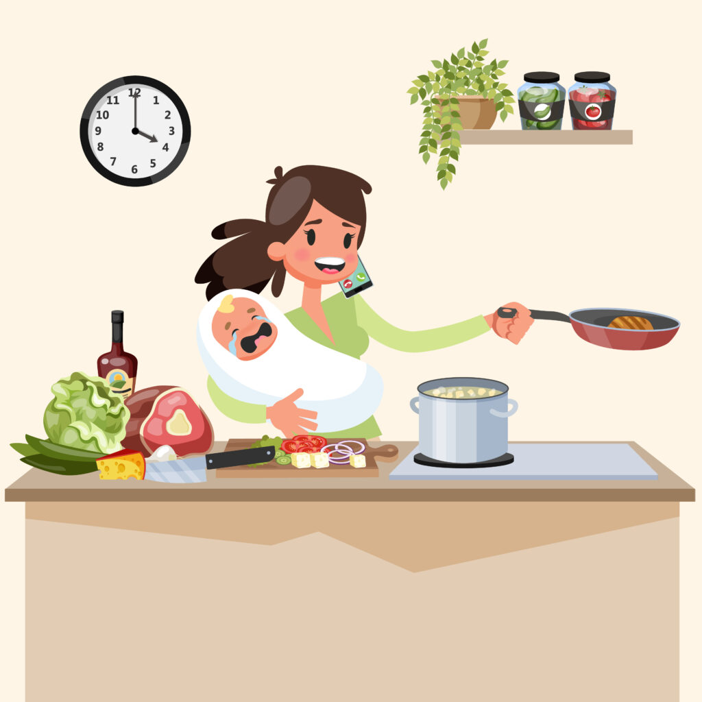 An illustration of a woman trying to cook a meal, talk on the phone and calm a crying baby all at the same time.
